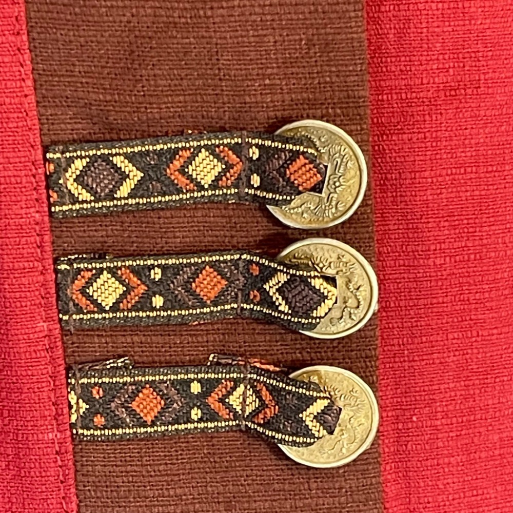 Traditional Thai Elephant Cropped Jacket Red Silk Coin Button Open Front Boho - Picture 2 of 7